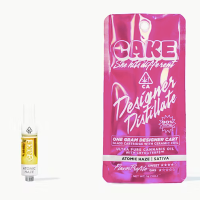 Atomic Haze Cake cart, 1G designer distillate 510 cartridge with citrus over earthy haze